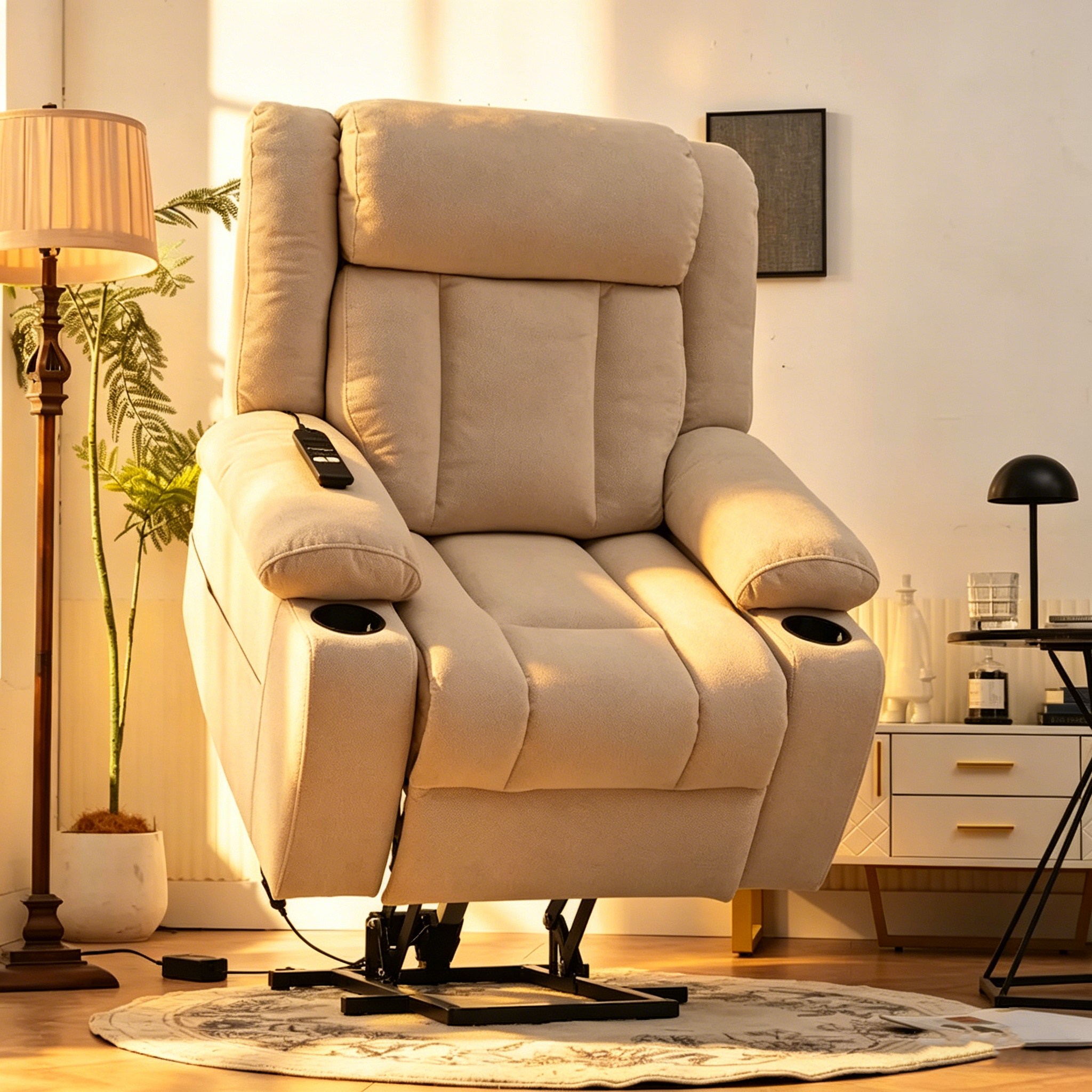 Fauteuil inclinable releveur électrique pour personnes âgées, fauteuils releveurs en tissu avec repose-pieds étendu, avec 2 porte-gobelets, poches latérales, télécommande