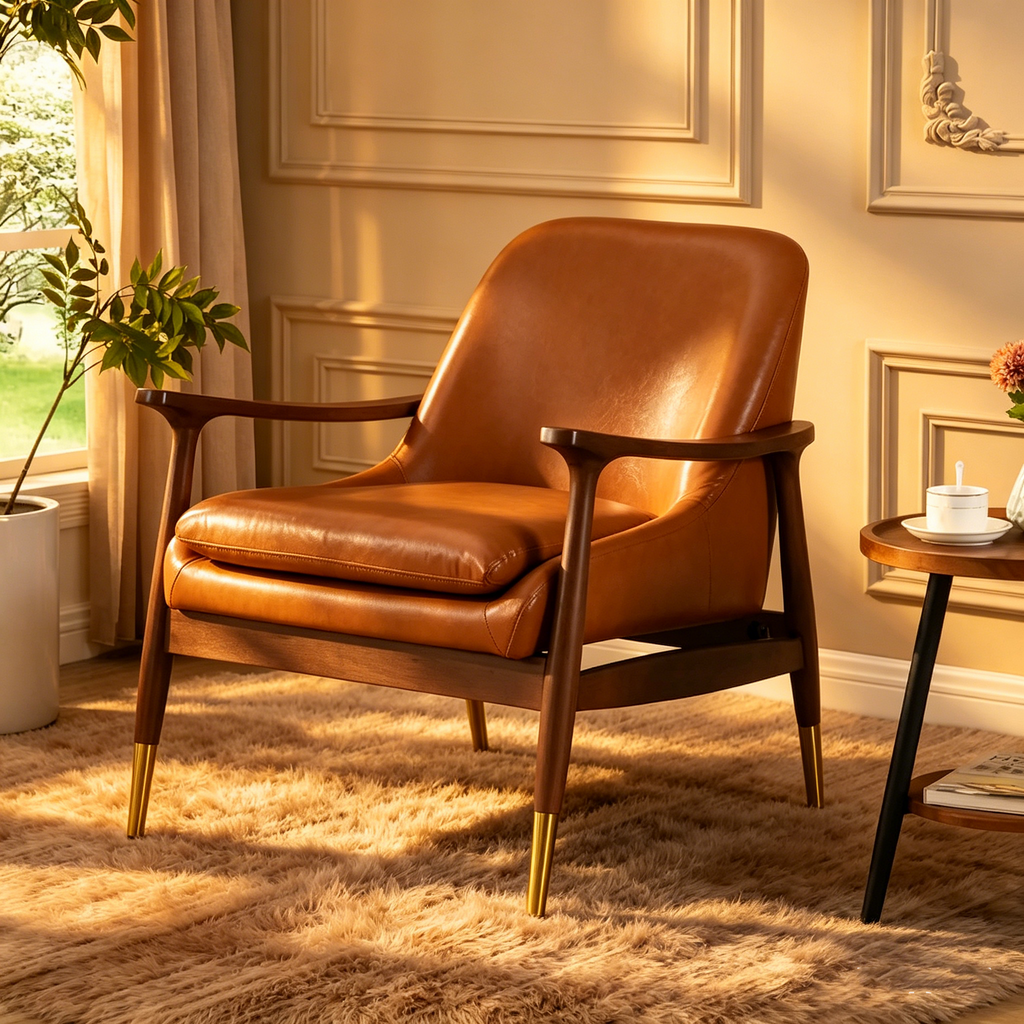 Fauteuil de salon en similicuir de style médiéval avec assise rembourrée, cadre en bois massif et pieds en laiton.