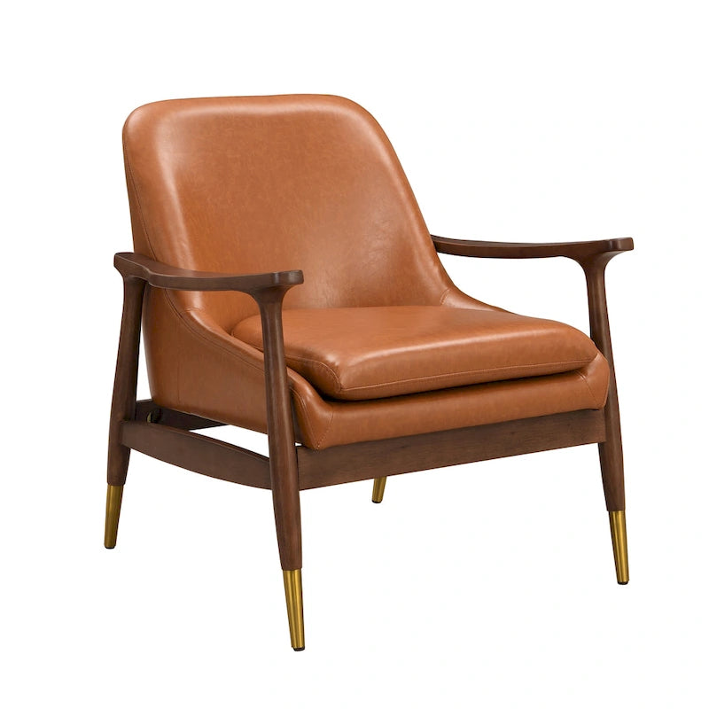 Fauteuil de salon en similicuir de style médiéval avec assise rembourrée, cadre en bois massif et pieds en laiton.