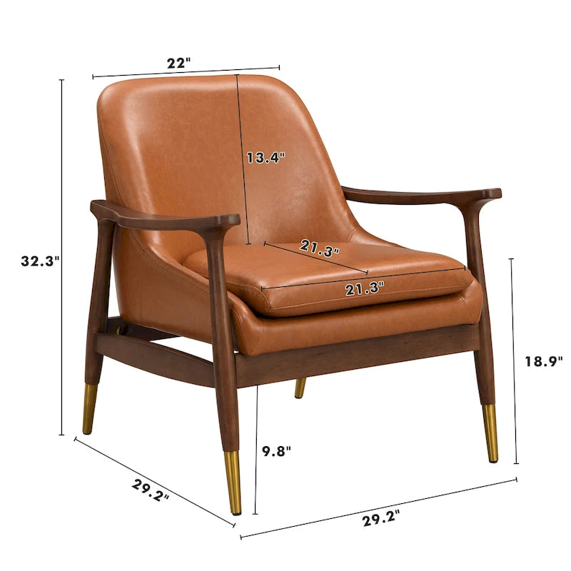 Fauteuil de salon en similicuir de style médiéval avec assise rembourrée, cadre en bois massif et pieds en laiton.
