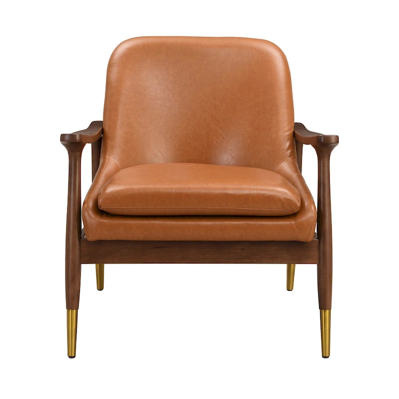 Fauteuil de salon en similicuir de style médiéval avec assise rembourrée, cadre en bois massif et pieds en laiton.