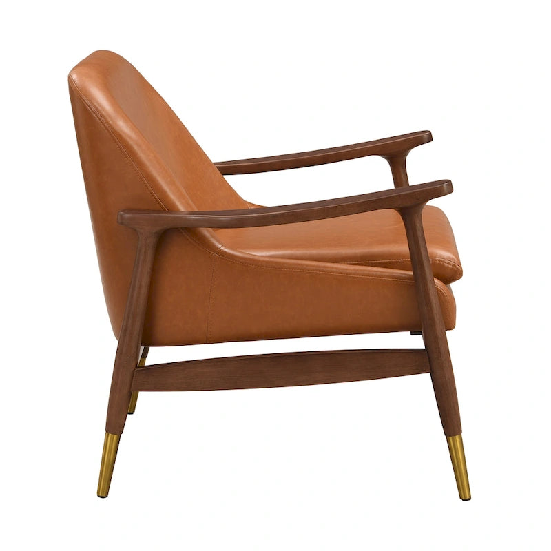 Fauteuil de salon en similicuir de style médiéval avec assise rembourrée, cadre en bois massif et pieds en laiton.