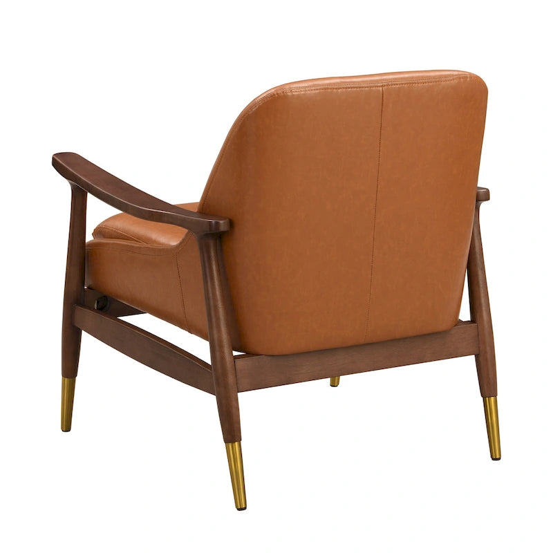 Fauteuil de salon en similicuir de style médiéval avec assise rembourrée, cadre en bois massif et pieds en laiton.