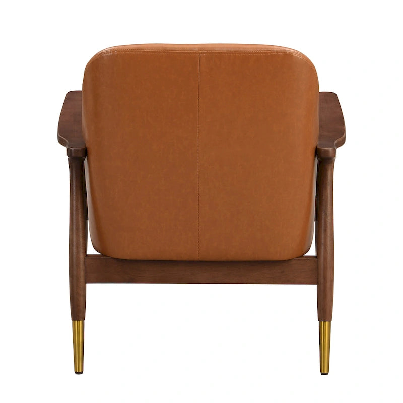 Fauteuil de salon en similicuir de style médiéval avec assise rembourrée, cadre en bois massif et pieds en laiton.
