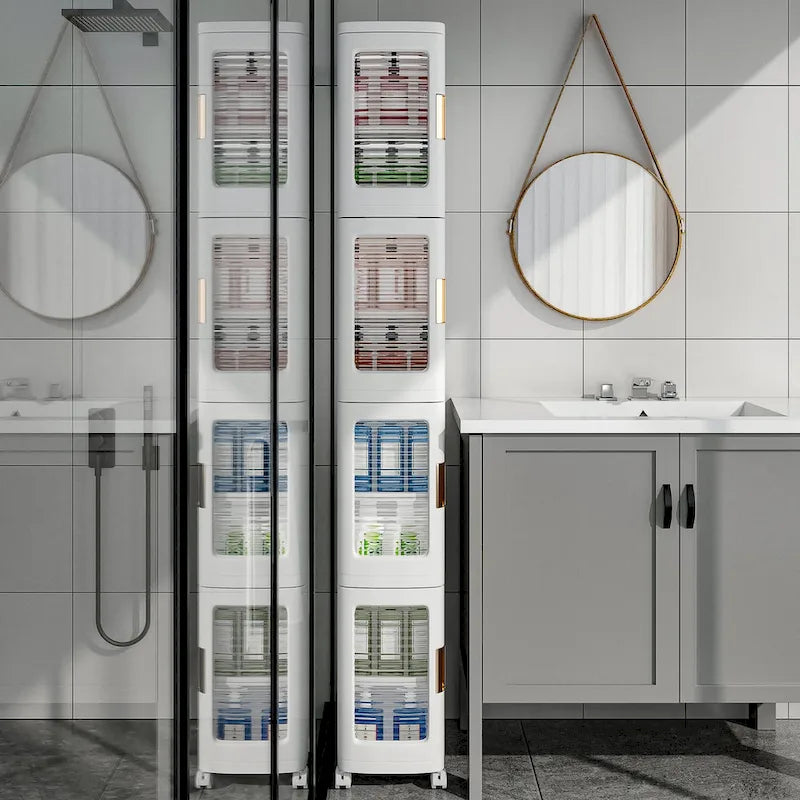 Meuble de rangement haut et étroit en plastique à 4 niveaux avec roulettes amovibles, organisateur de salle de bain mince pour petits espaces