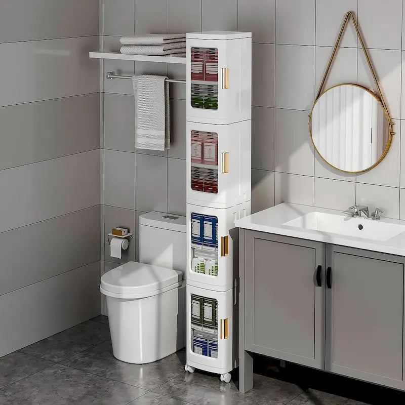 Meuble de rangement haut et étroit en plastique à 4 niveaux avec roulettes amovibles, organisateur de salle de bain mince pour petits espaces