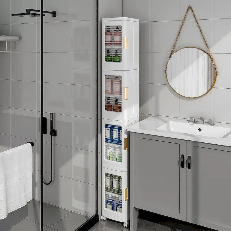 Meuble de rangement haut et étroit en plastique à 4 niveaux avec roulettes amovibles, organisateur de salle de bain mince pour petits espaces