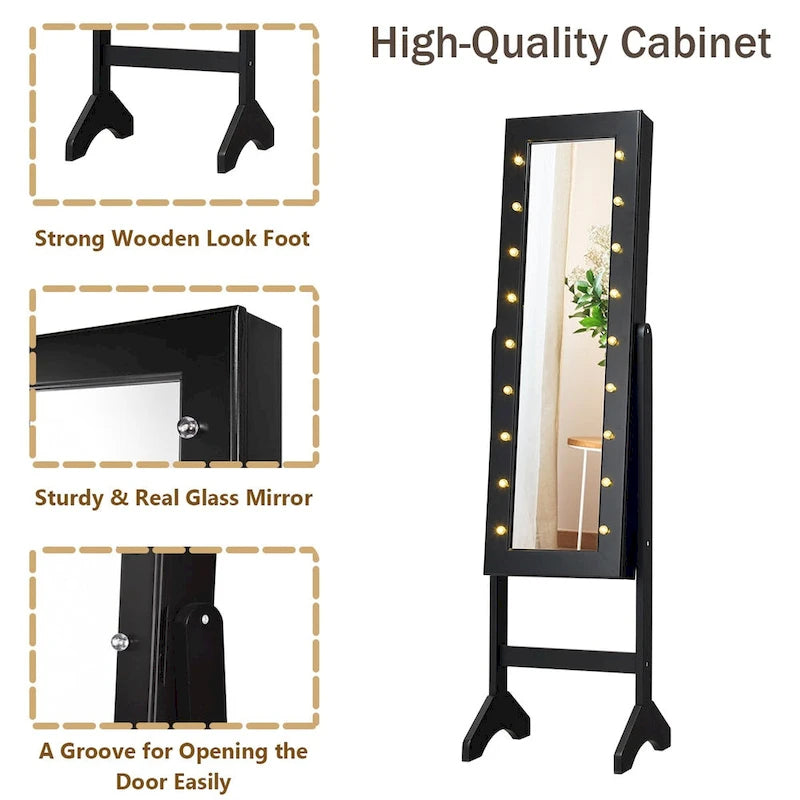Meuble de rangement pour bijoux avec miroir (comprend 18 lumières LED) — Noir