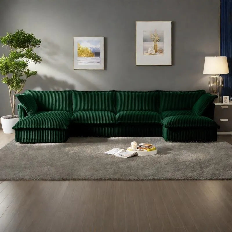 Canapé d'angle en velours côtelé 4 places en U avec housse amovible, assise profonde et passepoil français