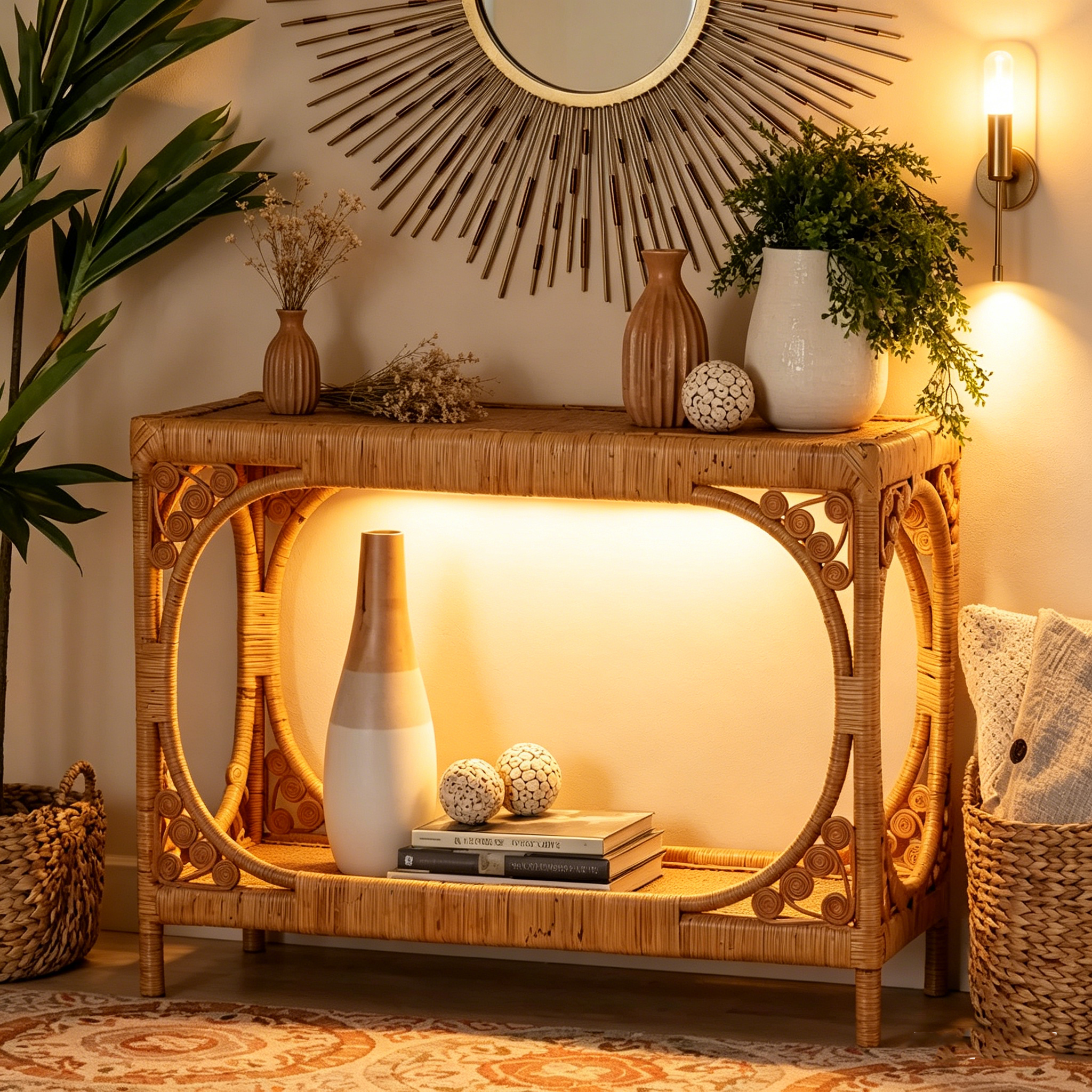 Table console en osier couleur miel clair de style bohème moderne