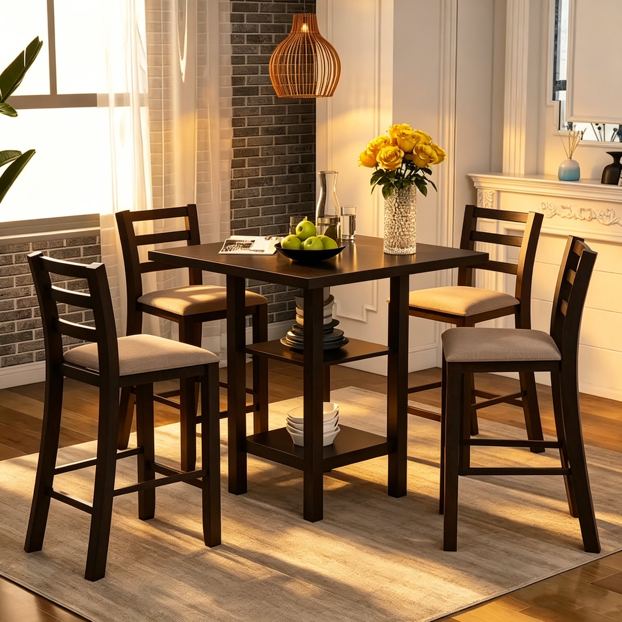 Comptoir de bar et ensemble de chaises en bois, avec chaises rembourrées et étagères de rangement.