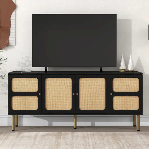 Meuble TV en bois et rotin de style bohème champêtre - 16.90 x 64.90 x 28.30