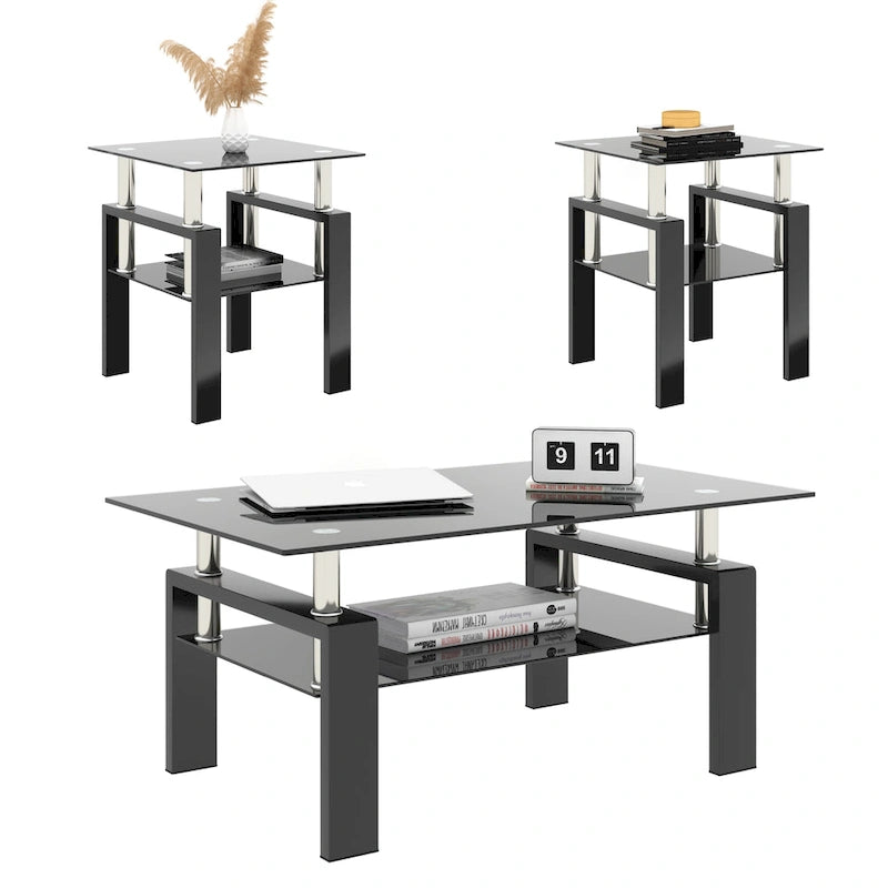 Table basse d'appoint carrée en verre trempé (Lot de 2) - 17,72 x 17,72 x 20,50