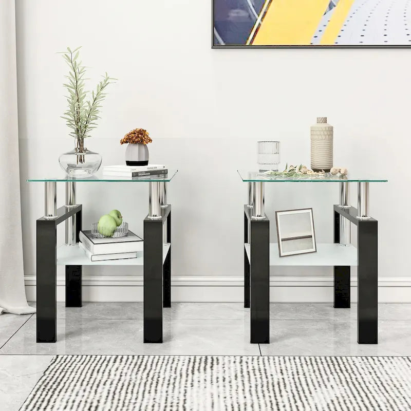Table basse d'appoint carrée en verre trempé (Lot de 2) - 17,72 x 17,72 x 20,50
