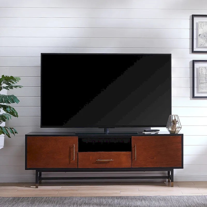 Un meuble TV de style moderne du milieu du siècle, adapté aux téléviseurs jusqu'à 61 pouces.