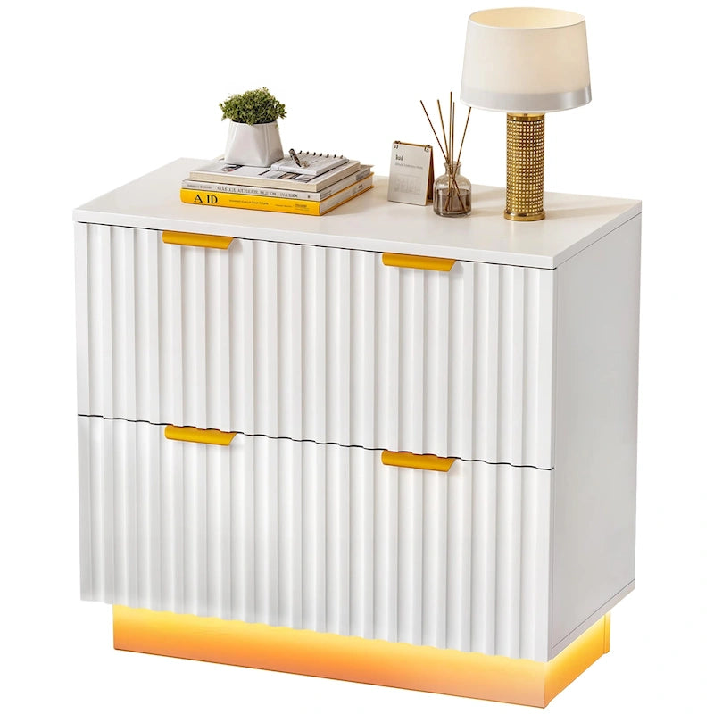 Classeur à deux tiroirs avec éclairage LED et ouverture latérale, idéal pour les bureaux à domicile.