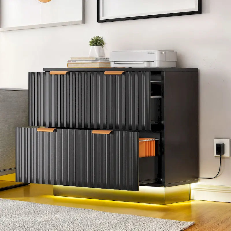 Classeur à deux tiroirs avec éclairage LED et ouverture latérale, idéal pour les bureaux à domicile.