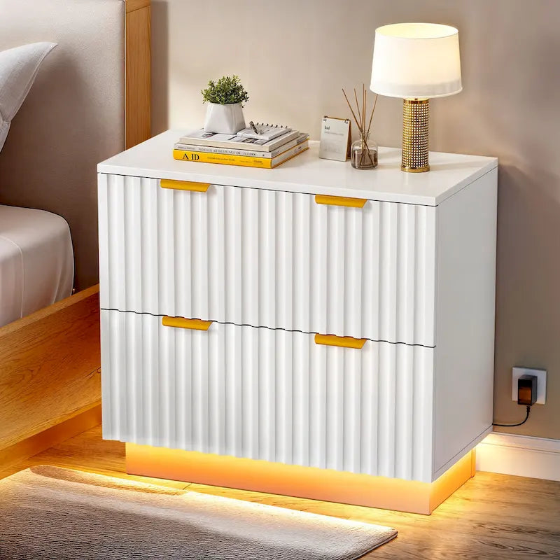 Classeur à deux tiroirs avec éclairage LED et ouverture latérale, idéal pour les bureaux à domicile.