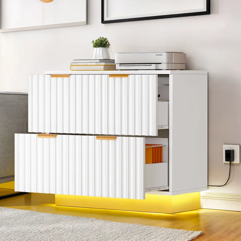 Classeur à deux tiroirs avec éclairage LED et ouverture latérale, idéal pour les bureaux à domicile.
