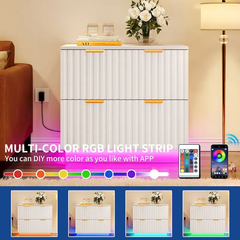 Classeur à deux tiroirs avec éclairage LED et ouverture latérale, idéal pour les bureaux à domicile.