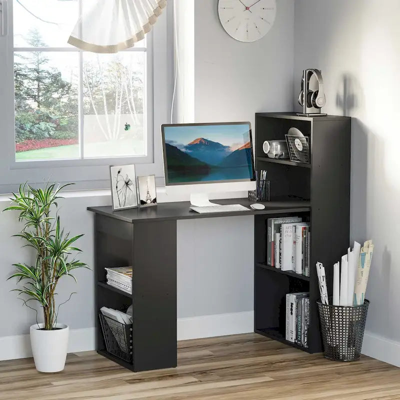 Bureau informatique compact moderne avec unité de rangement à 6 niveaux ; poste de travail avec étagère ; adapté au bureau à domicile.
