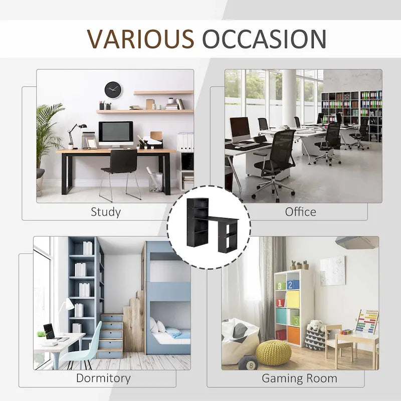 Bureau informatique compact moderne avec unité de rangement à 6 niveaux ; poste de travail avec étagère ; adapté au bureau à domicile.