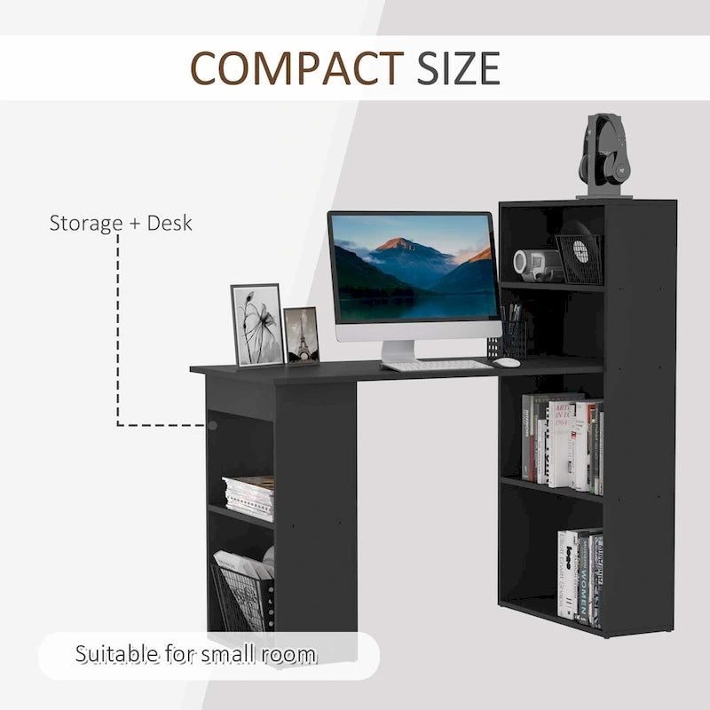 Bureau informatique compact moderne avec unité de rangement à 6 niveaux ; poste de travail avec étagère ; adapté au bureau à domicile.