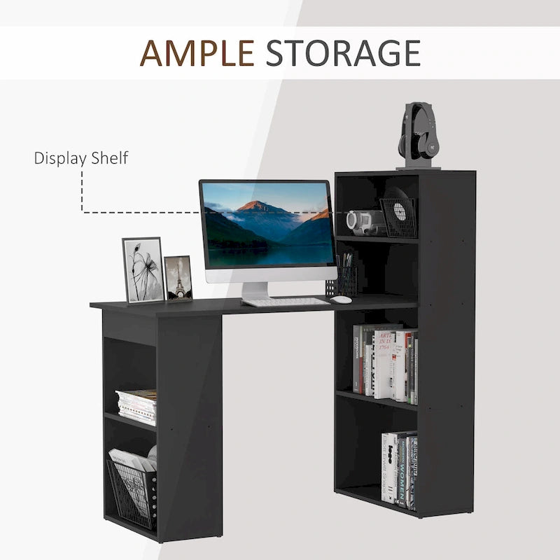 Bureau informatique compact moderne avec unité de rangement à 6 niveaux ; poste de travail avec étagère ; adapté au bureau à domicile.