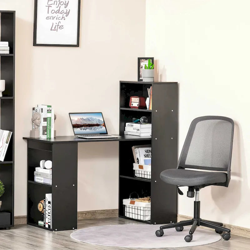 Bureau informatique compact moderne avec unité de rangement à 6 niveaux ; poste de travail avec étagère ; adapté au bureau à domicile.