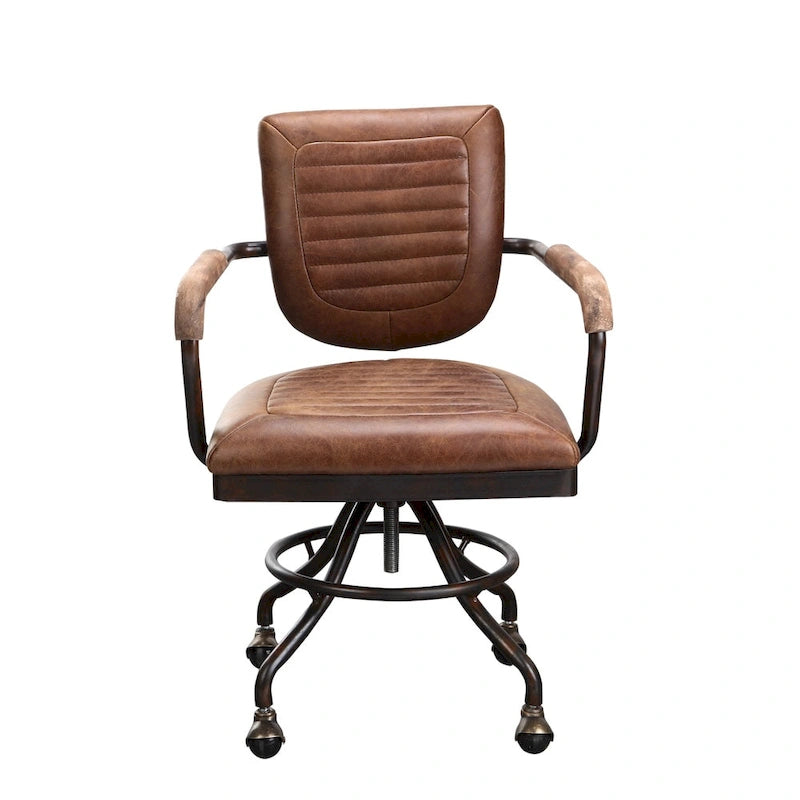 Chaise de bureau en cuir souple marron, style campagnard rétro