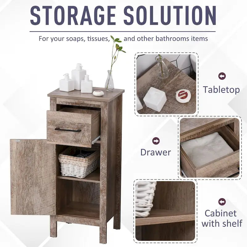 Meuble de rangement de salle de bain sur pied — Avec tiroirs et étagères réglables ; Convient aux entrées ou aux salons (finition bois de grange)