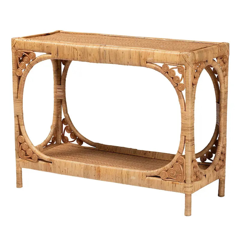 Table console en osier couleur miel clair de style bohème moderne