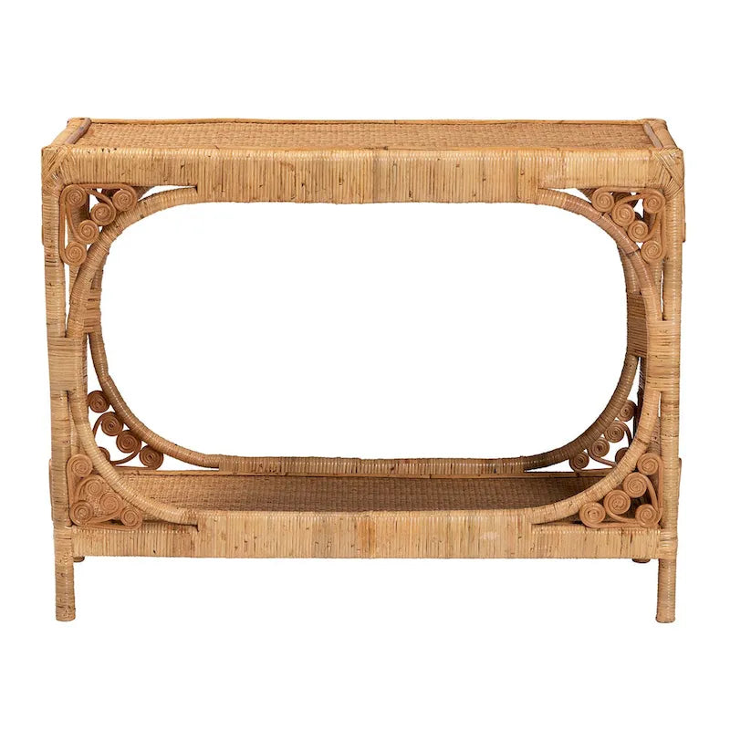 Table console en osier couleur miel clair de style bohème moderne