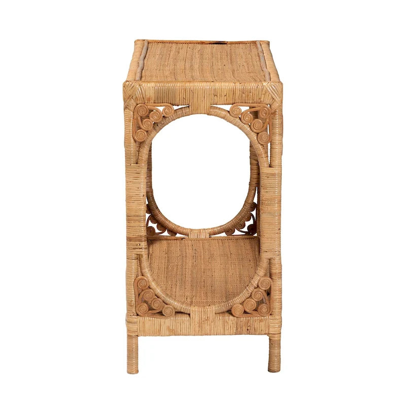 Table console en osier couleur miel clair de style bohème moderne