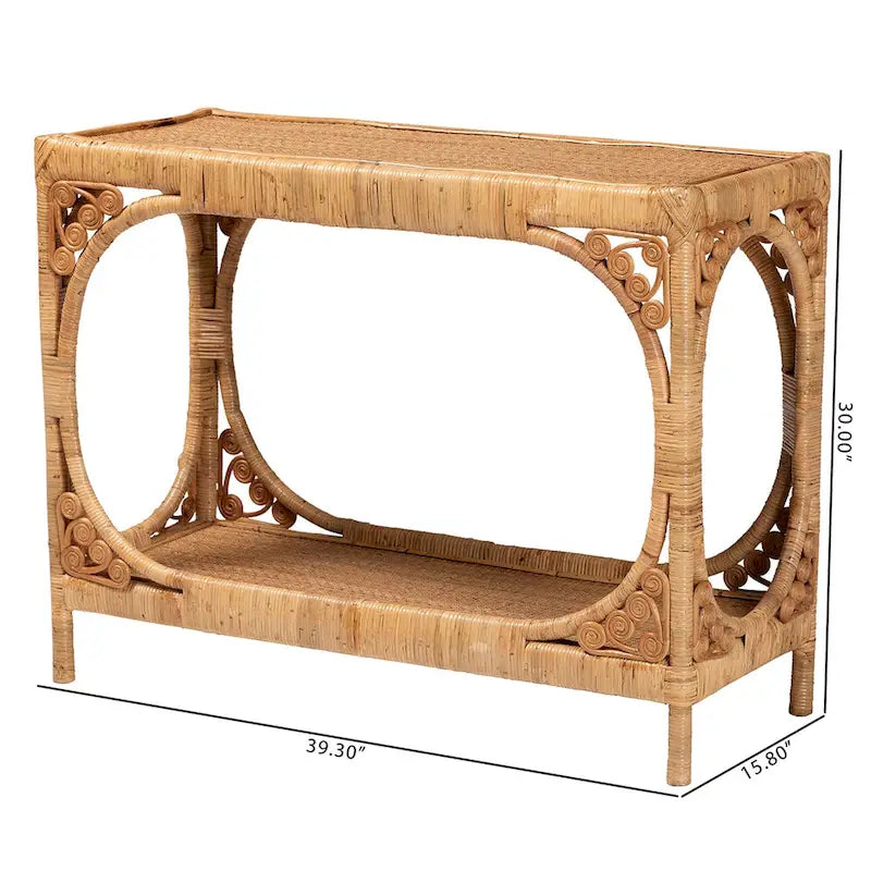 Table console en osier couleur miel clair de style bohème moderne