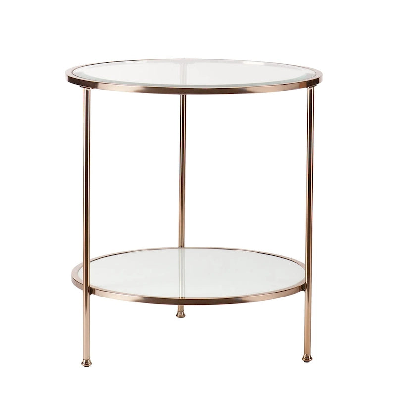 Table d'appoint ronde en verre et fer forgé doré avec étagère - 24,25x24,25x26,25