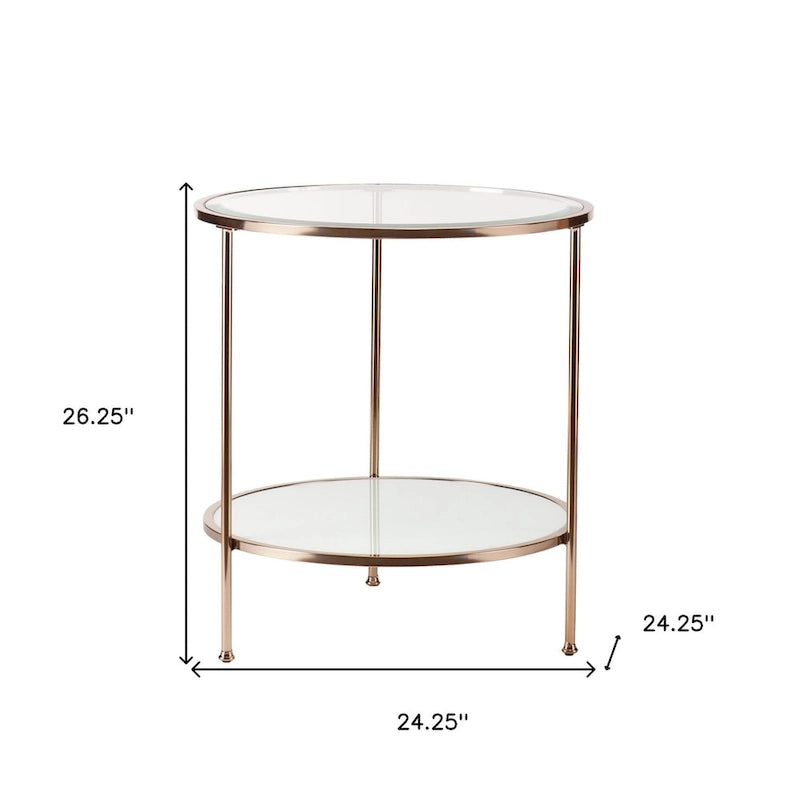 Table d'appoint ronde en verre et fer forgé doré avec étagère - 24,25x24,25x26,25
