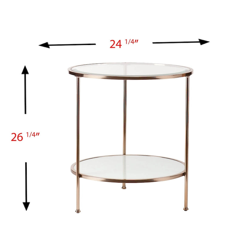 Table d'appoint ronde en verre et fer forgé doré avec étagère - 24,25x24,25x26,25
