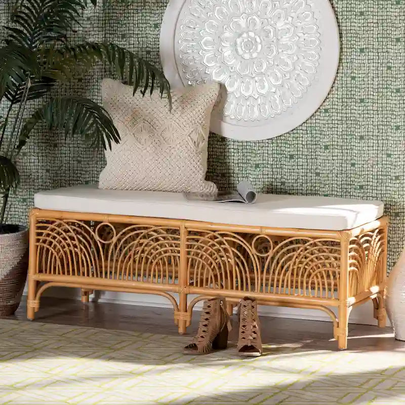 Banc en rotin brun naturel style bohème moderne