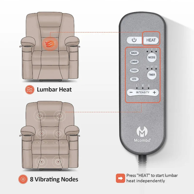 Petit fauteuil inclinable de massage et chauffant électrique à hauteur réglable, adapté aux personnes âgées de petite taille, en cuir artificiel.