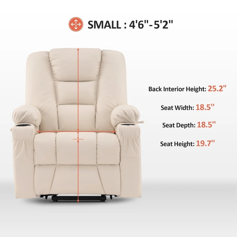 Petit fauteuil inclinable de massage et chauffant électrique à hauteur réglable, adapté aux personnes âgées de petite taille, en cuir artificiel.