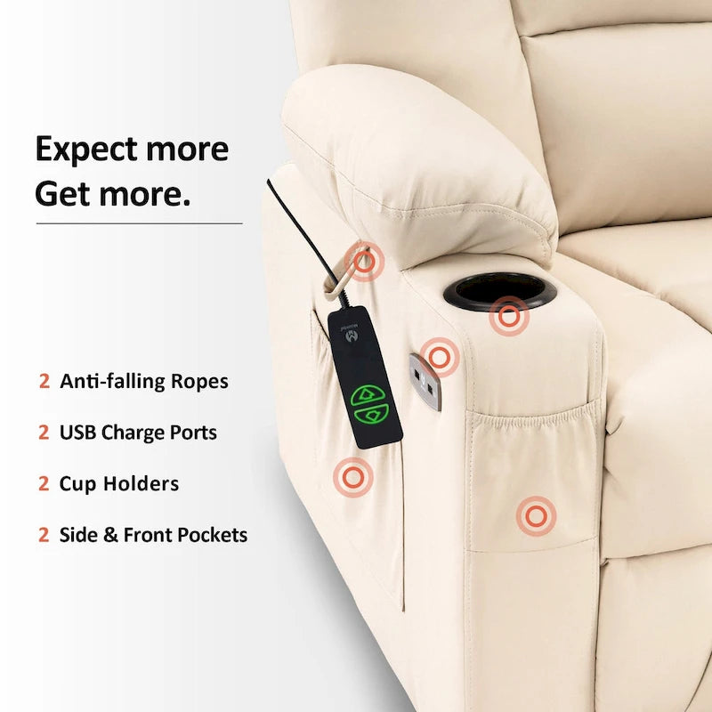 Petit fauteuil inclinable de massage et chauffant électrique à hauteur réglable, adapté aux personnes âgées de petite taille, en cuir artificiel.