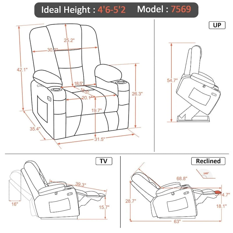 Petit fauteuil inclinable de massage et chauffant électrique à hauteur réglable, adapté aux personnes âgées de petite taille, en cuir artificiel.