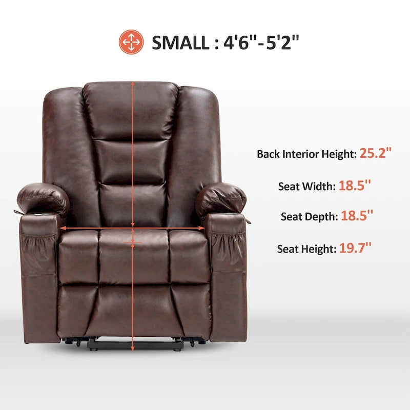 Petit fauteuil inclinable de massage et chauffant électrique à hauteur réglable, adapté aux personnes âgées de petite taille, en cuir artificiel.