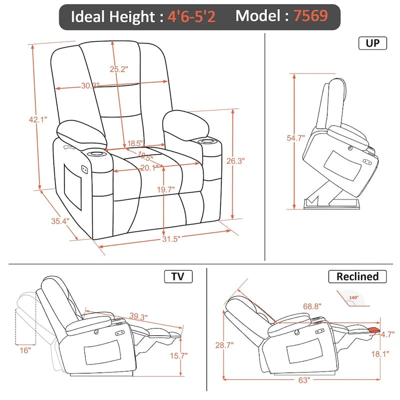 Petit fauteuil inclinable de massage et chauffant électrique à hauteur réglable, adapté aux personnes âgées de petite taille, en cuir artificiel.