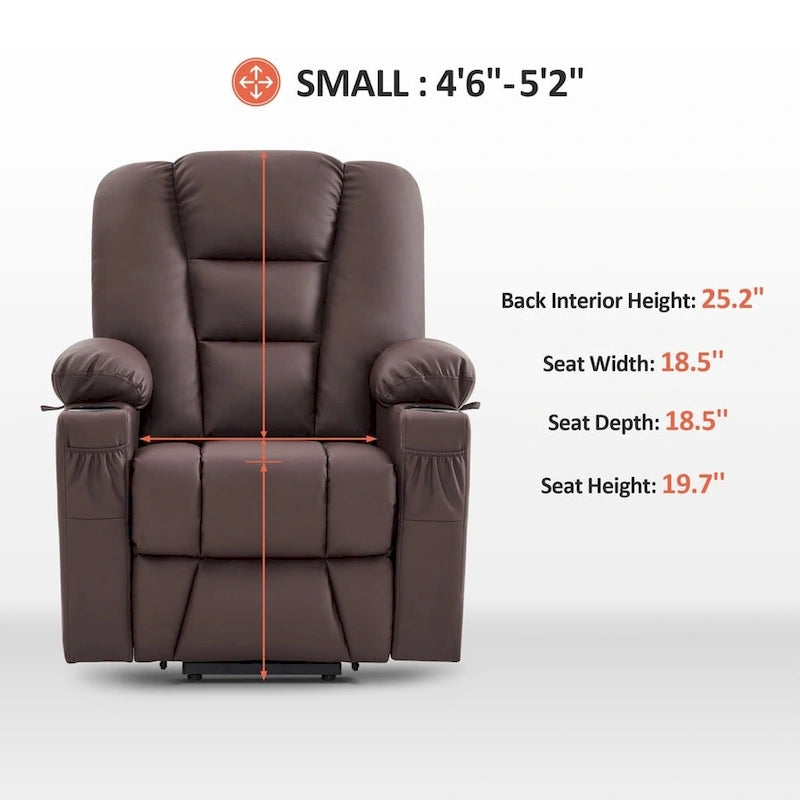 Petit fauteuil inclinable de massage et chauffant électrique à hauteur réglable, adapté aux personnes âgées de petite taille, en cuir artificiel.