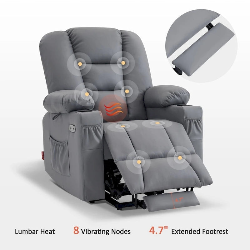 Petit fauteuil inclinable de massage et chauffant électrique à hauteur réglable, adapté aux personnes âgées de petite taille, en cuir artificiel.