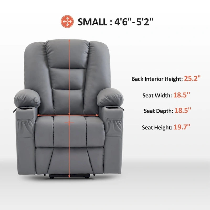 Petit fauteuil inclinable de massage et chauffant électrique à hauteur réglable, adapté aux personnes âgées de petite taille, en cuir artificiel.