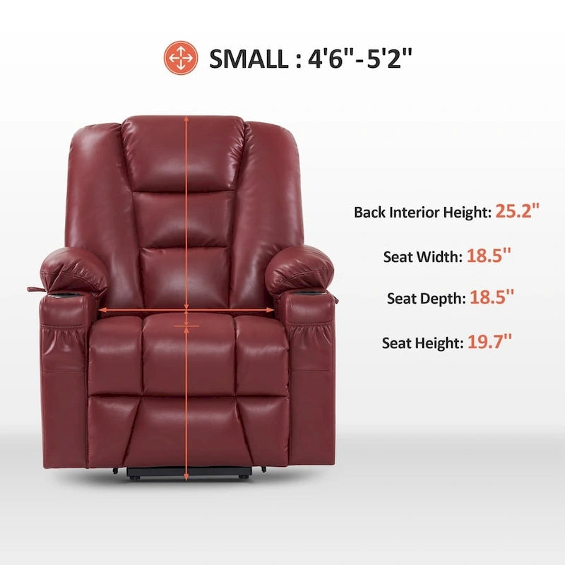 Petit fauteuil inclinable de massage et chauffant électrique à hauteur réglable, adapté aux personnes âgées de petite taille, en cuir artificiel.