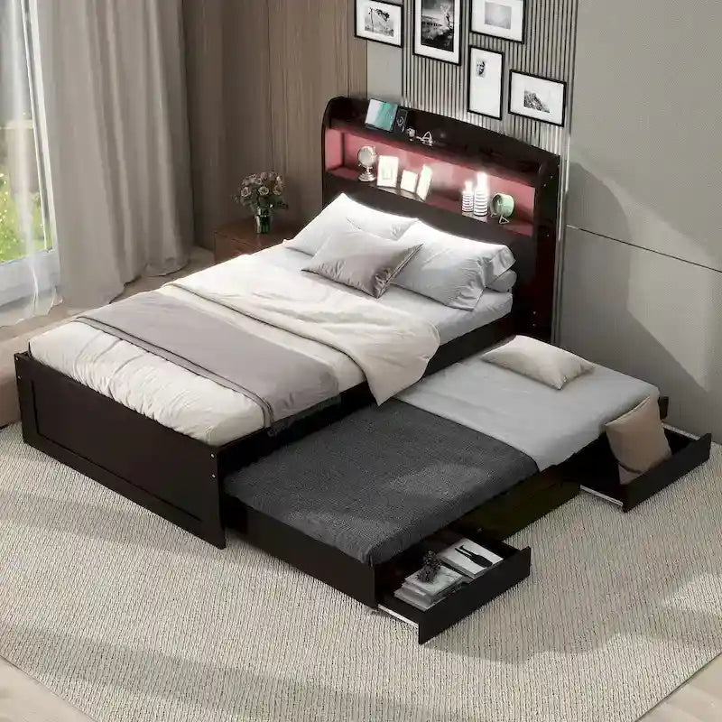 Lit plateforme Twin XL avec rangement et tête de lit LED, station de charge, lit gigogne simple et 2 tiroirs